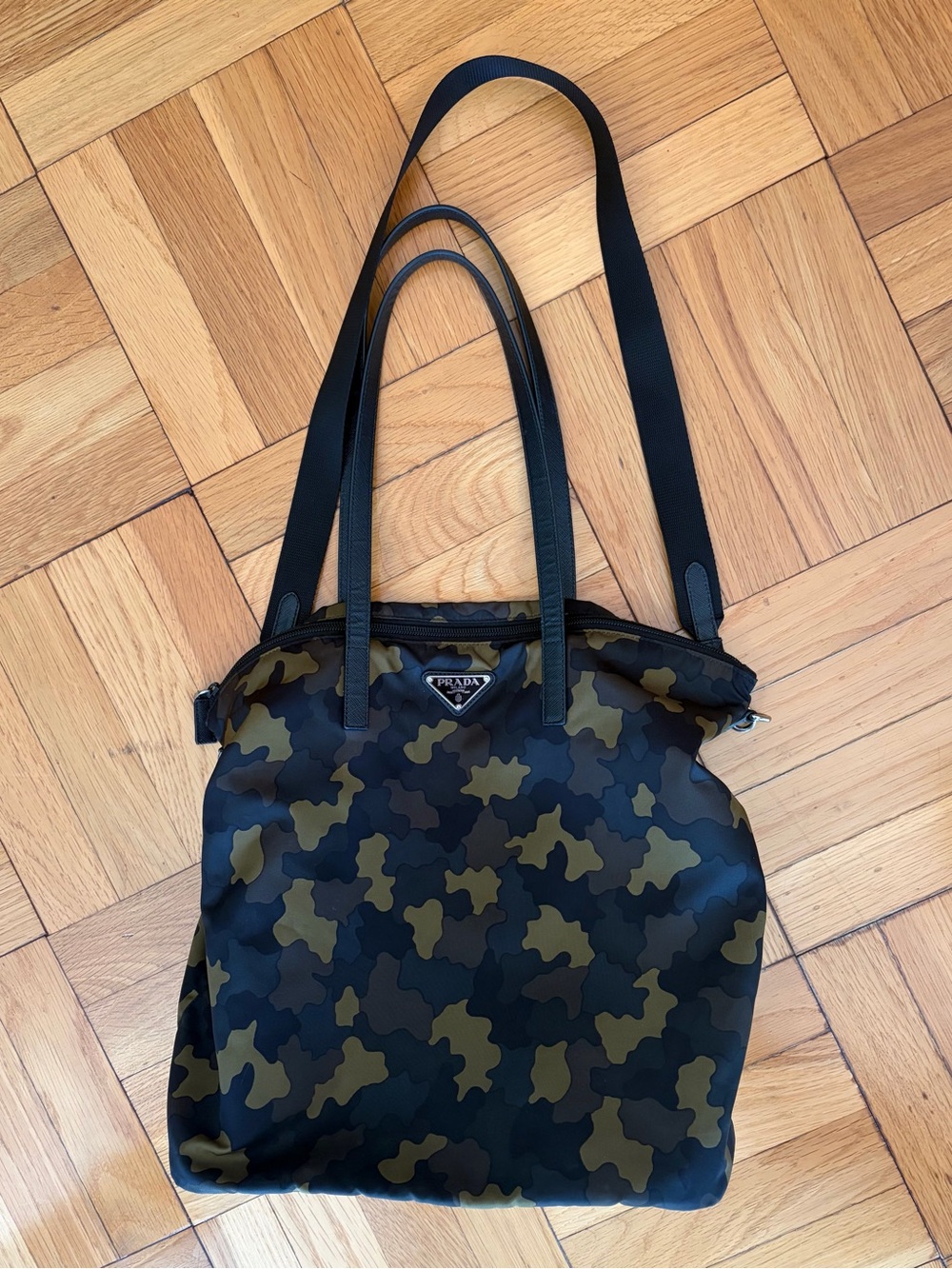 Prada Tessto Nylon Camouflage Tote Bag. 2 Way Straps. Black & Olive Green, Brown